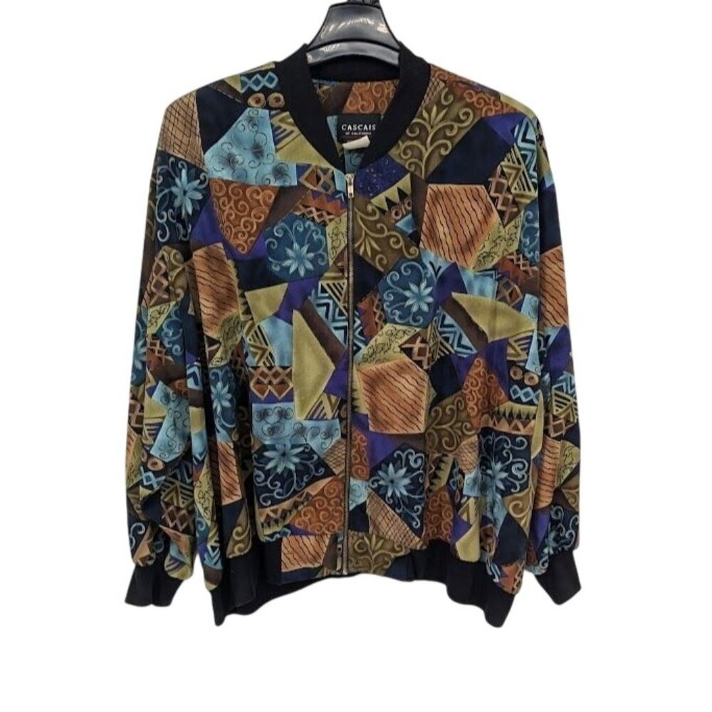 Vintage 90s Abstract Patchwork Bomber Jacket Geometric Zip Front Size Retro 2X